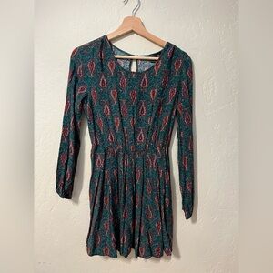 Forever 21 Teal and Red Patterned Long Sleeve Dress